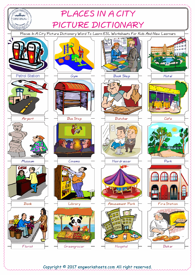  Places In A City English Worksheet for Kids ESL Printable Picture Dictionary 